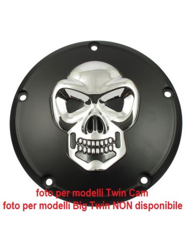 Coprechio frizione derby cover nero con teschio cromo per FXR,Dyna,Softail e Touring dal 1970 al 1998 rif OEM 25390-84T o 25392-